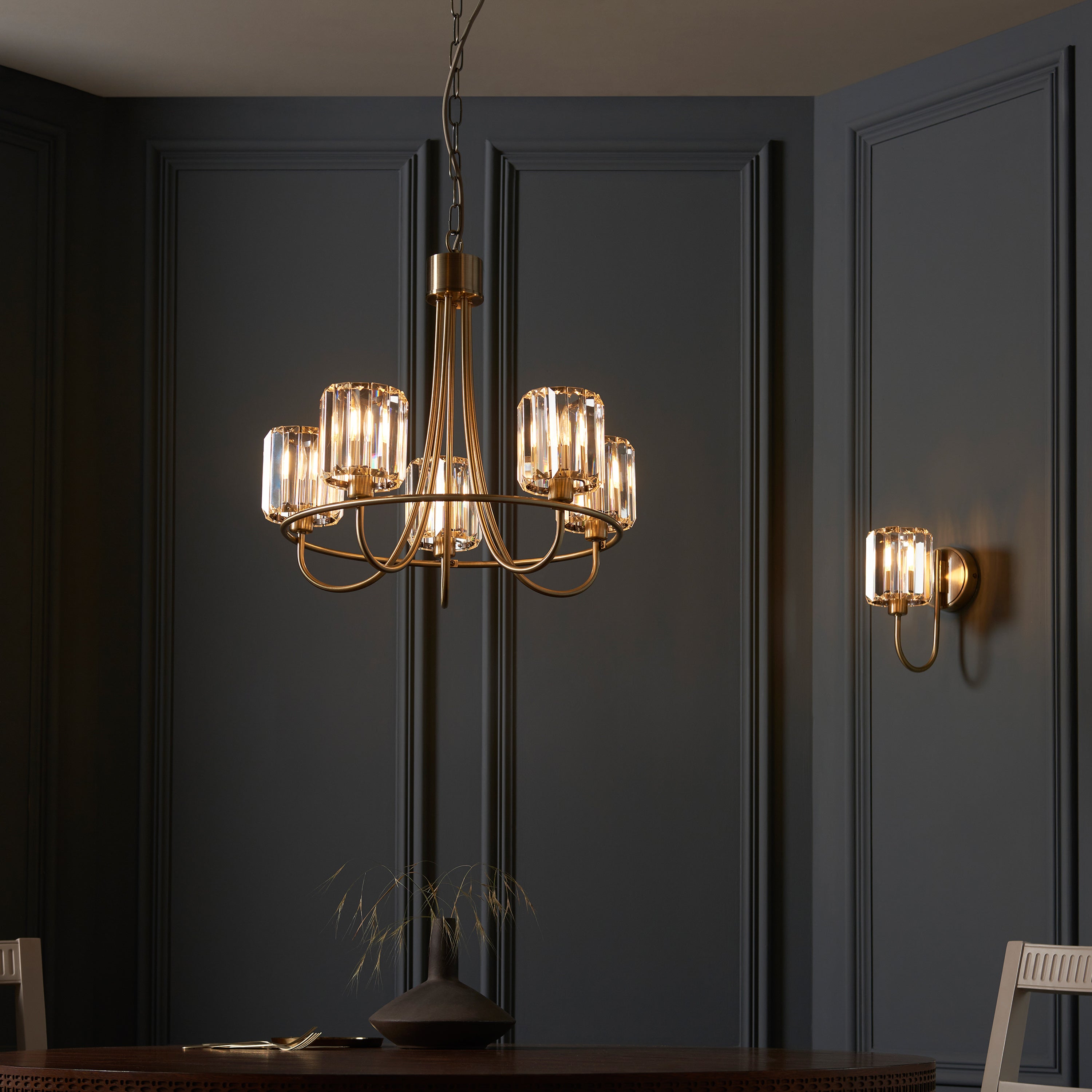 Denton Antique Brass & Faceted Glass Wall Light